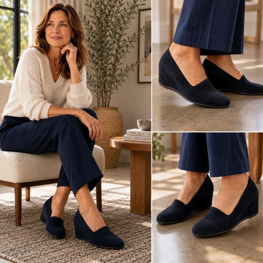 Aquatalia by Marvin K Navy Suede Wedge Pumps Size 6 Italy Almond Toe